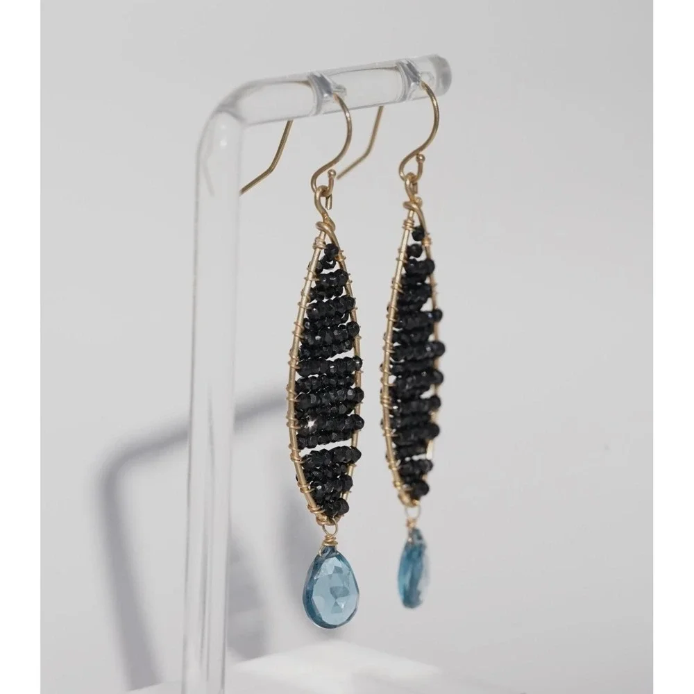 Mabel Chong Designer 14k Solid‎ Gold Black Spinel Blue Topaz Dangle Earrings